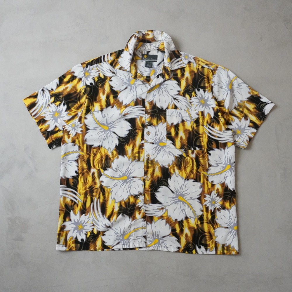Y2K Island Tropics Mens Large Hawaiian Shirt Hibiscus Floral Yellow Black Flame